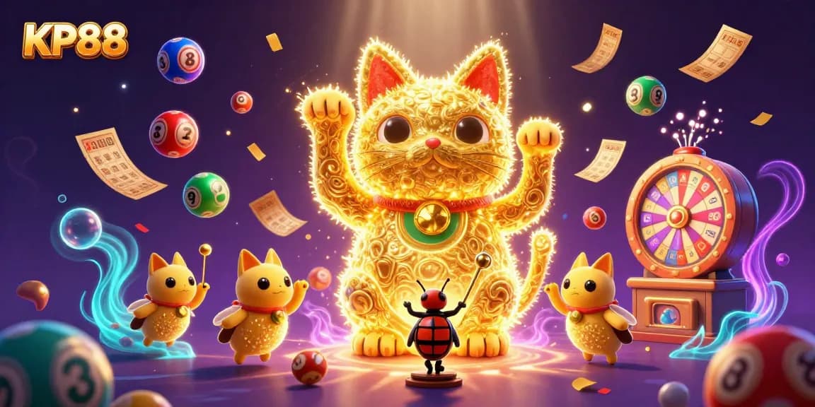 Engage with KP88's vibrant 3D digital casino world showcasing a lucky cat and festive lottery elements.