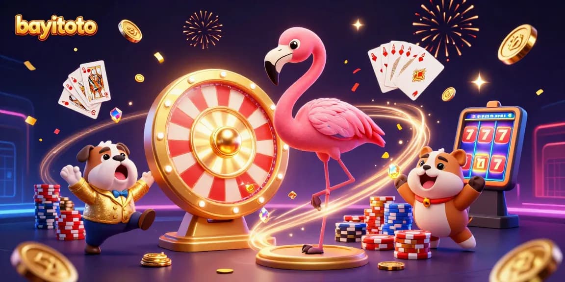 Play and win big with bayitoto in a vibrant casino scene filled with festive elements and exciting prizes.