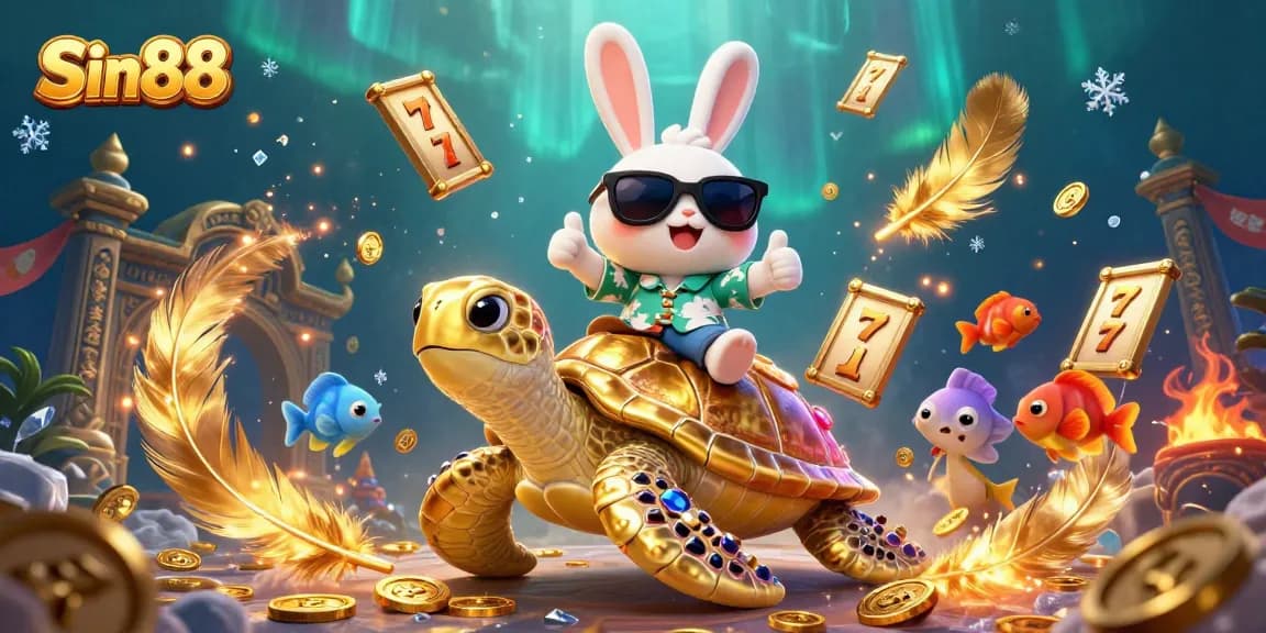 Experience the excitement at Sin88 with a lucky rabbit and golden turtle in a vibrant casino scene.