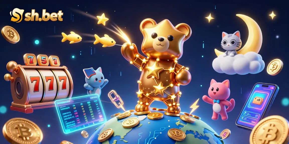 Experience sh-bet excitement with a vibrant 3D scene featuring casino games and cosmic characters.