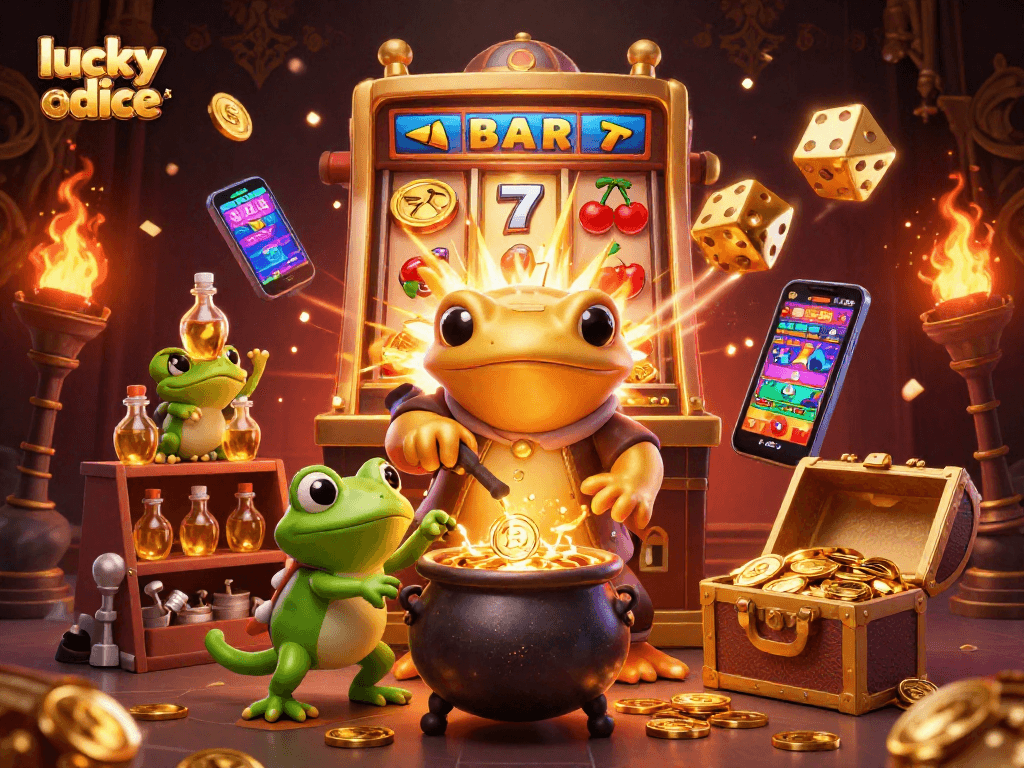 Engage in the excitement of lucky dice online with captivating golden dice and vibrant casino elements.