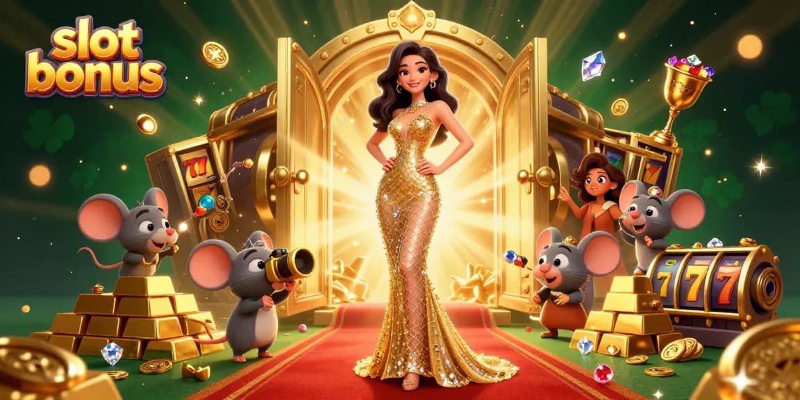 Spin the slot bonus with vibrant treasures and lucky characters in a dazzling casino scene.