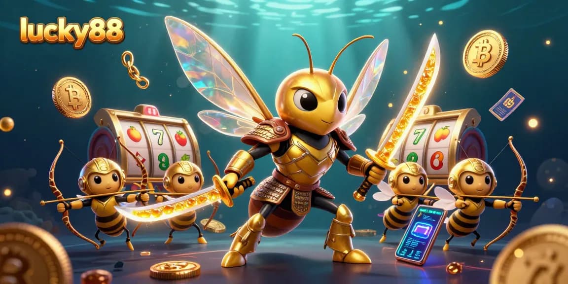 Experience the thrill of lucky88 slots with this vibrant 3D illustration featuring a golden hornet and crypto elements.
