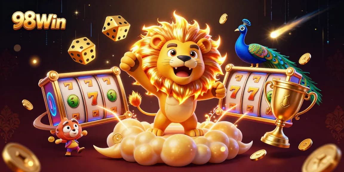 Engage with 98Win's vibrant gaming world featuring a roaring lion, slot reels, and dynamic casino elements.