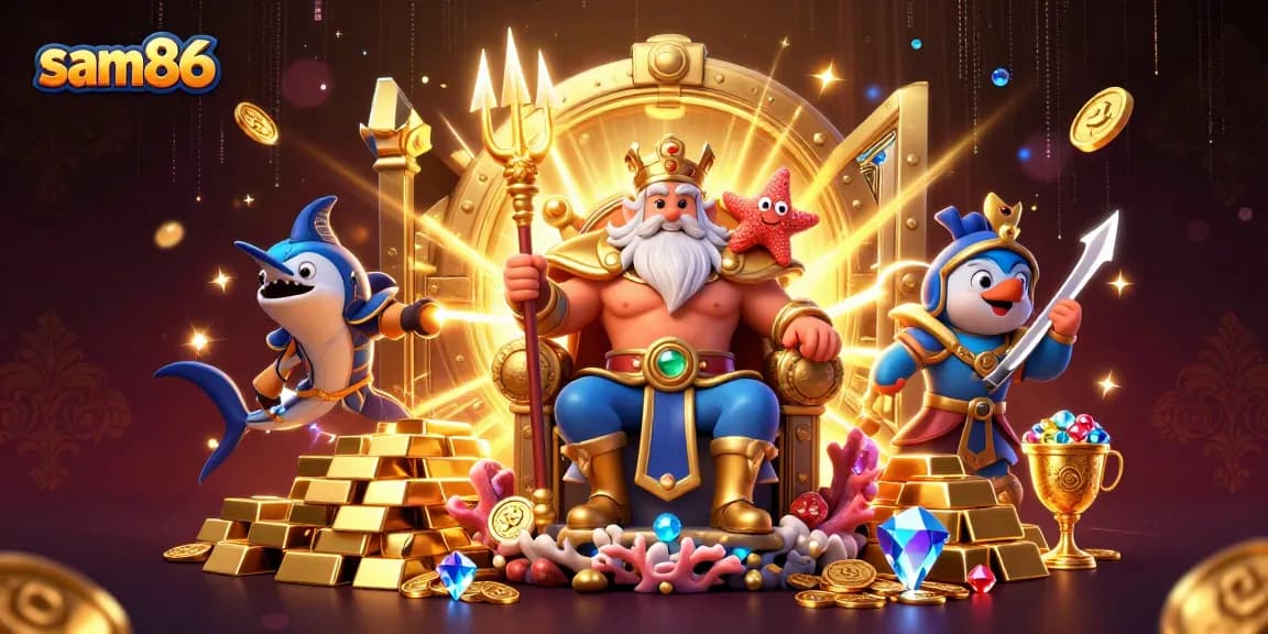 Experience thrilling wins at sam86 with Neptune and his treasures in this vibrant casino scene!