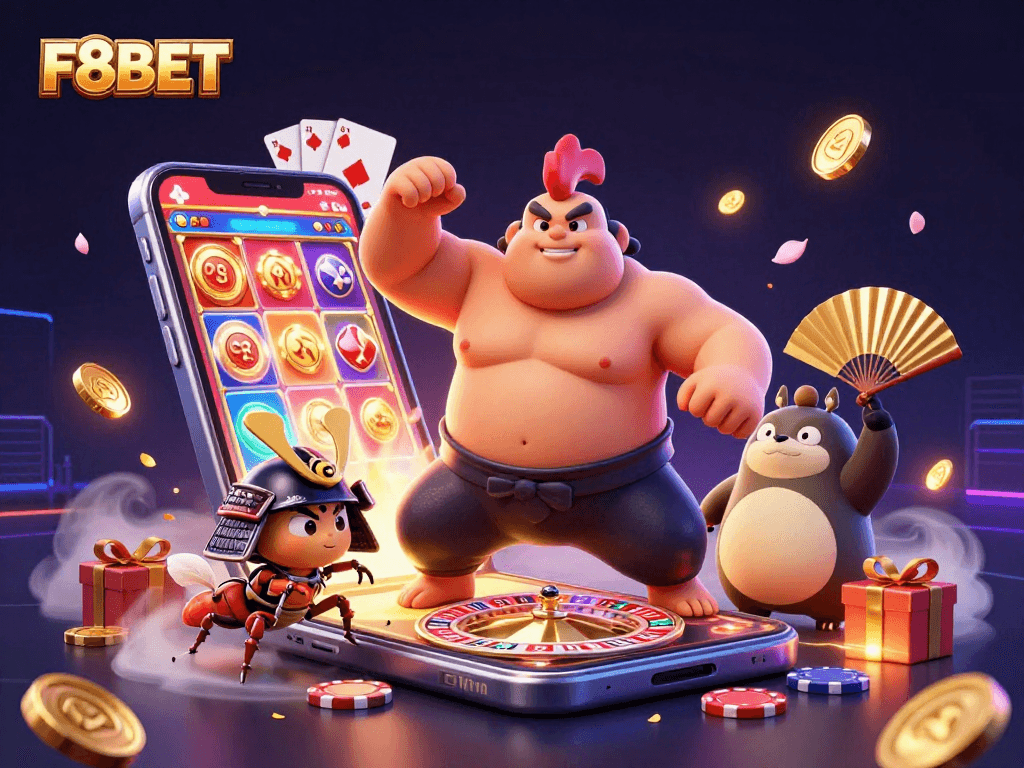 Experience F8BET's vibrant gaming atmosphere with a powerful sumo rooster and samurai cricket in a dynamic 3D casino scene.