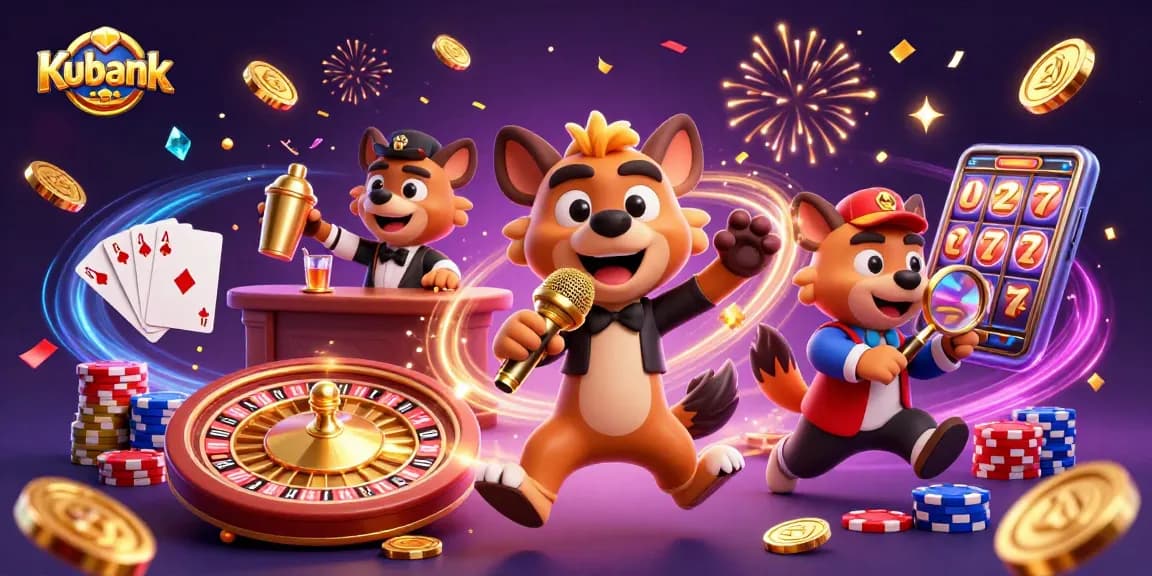 Engage in the vibrant world of Kubank's comedy casino featuring lively hyenas, games, and golden coins.