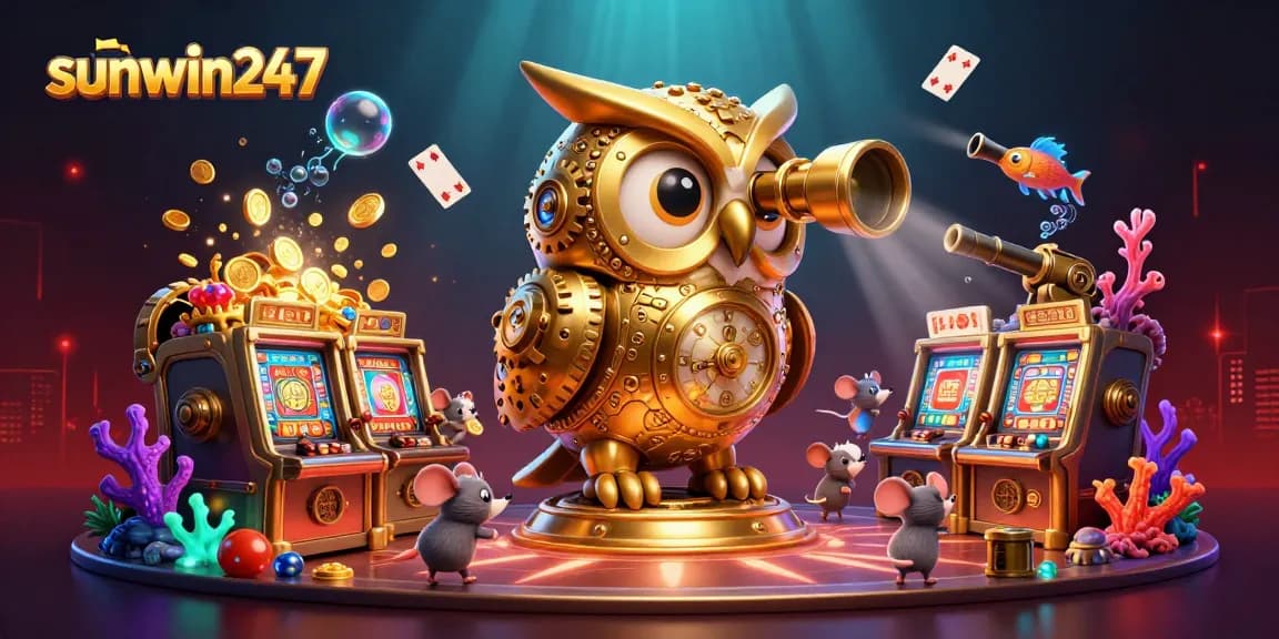 Experience the excitement of sunwin247 with a vibrant 3D casino scene featuring unique characters and game elements.