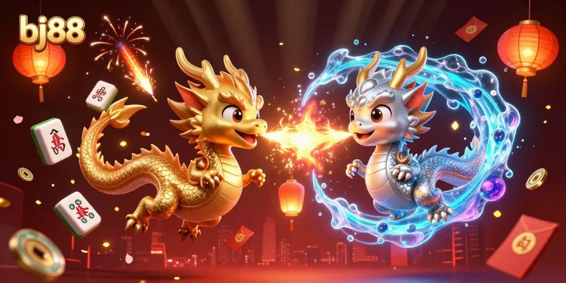 Experience the thrilling world of bj88 with dynamic dragons battling in an enchanting casino setting.