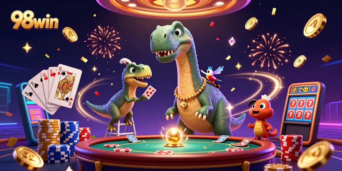 Engage in thrilling action at 98win as a playful brontosaurus oversees a vibrant casino scene filled with exciting gaming elements.
