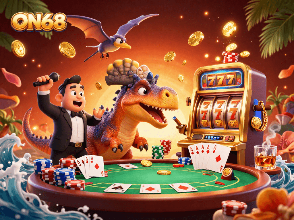 A pachycephalosaurus interacting with a golden slot machine at ON68, joined by an ankylosaur and a pteranodon catching flying coins in a vibrant casino setting.