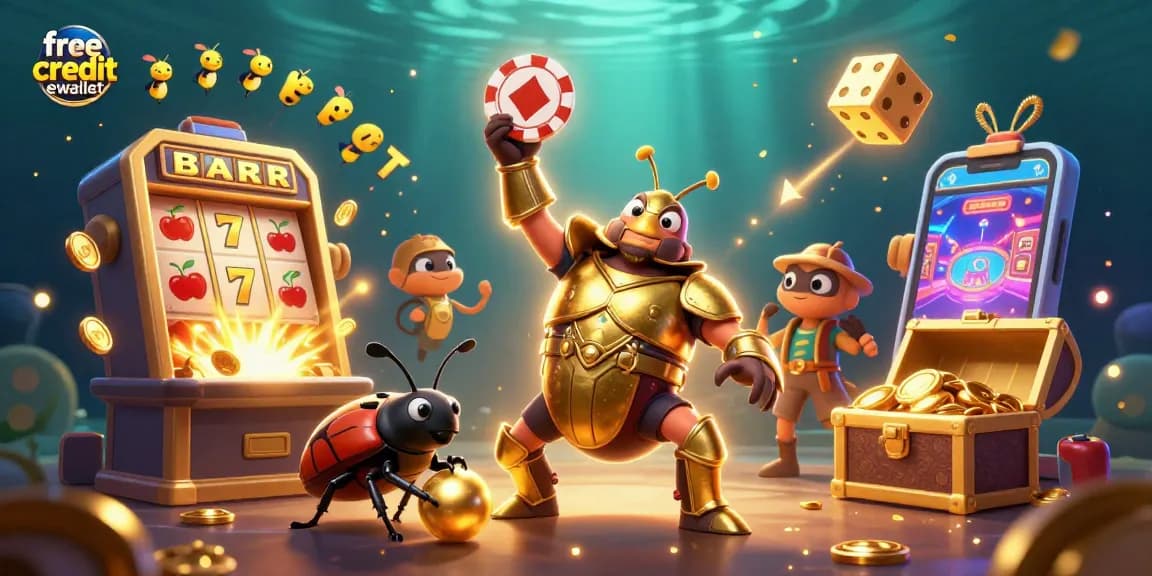 Engage with the free credit ewallet offer in a vibrant casino scene depicting a joyful victory celebration.