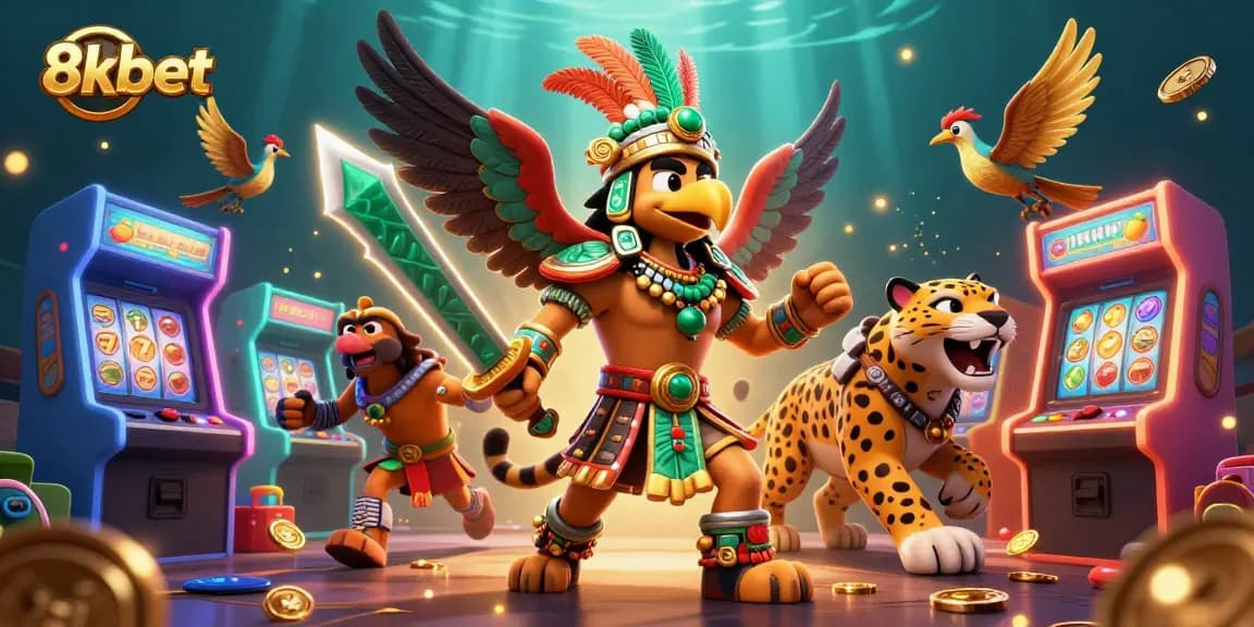 Experience thrilling gaming with 8xbet, featuring vibrant 3D Aztec warriors and enchanting casino elements.