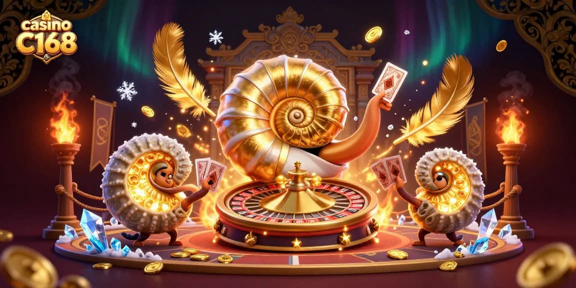 Witness the excitement in casino C168 with the ancient nautilus character spinning the roulette wheel and showcasing vibrant casino elements.
