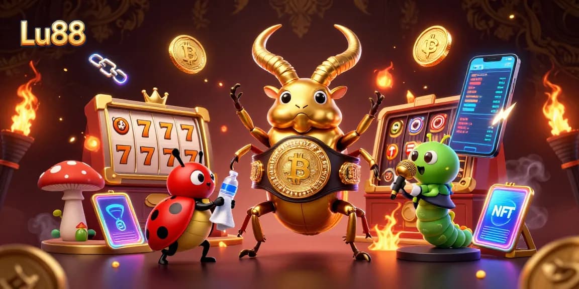 Engage in thrilling slot gameplay with Lu88, featuring vibrant characters and cryptocurrency elements.