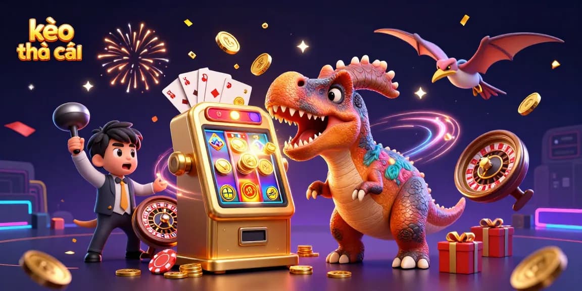 Experience the thrill of kèo nhà cái with a pachycephalosaurus hitting a jackpot, while coins and playing cards fly around!