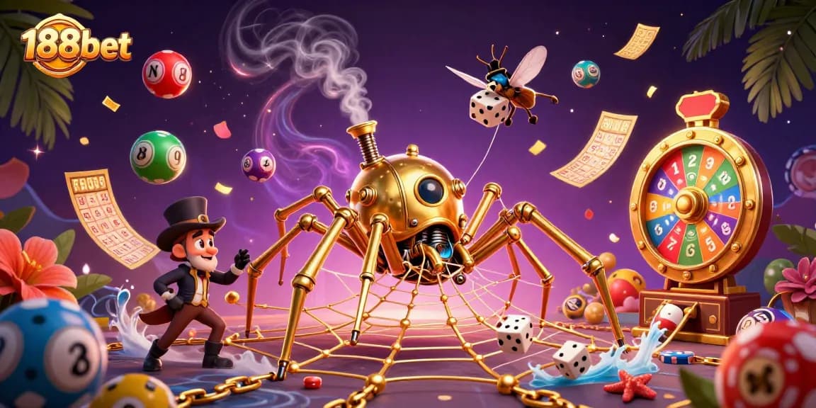 Engaging illustration featuring a steampunk spider and poker elements, showcasing 188bet excitement.