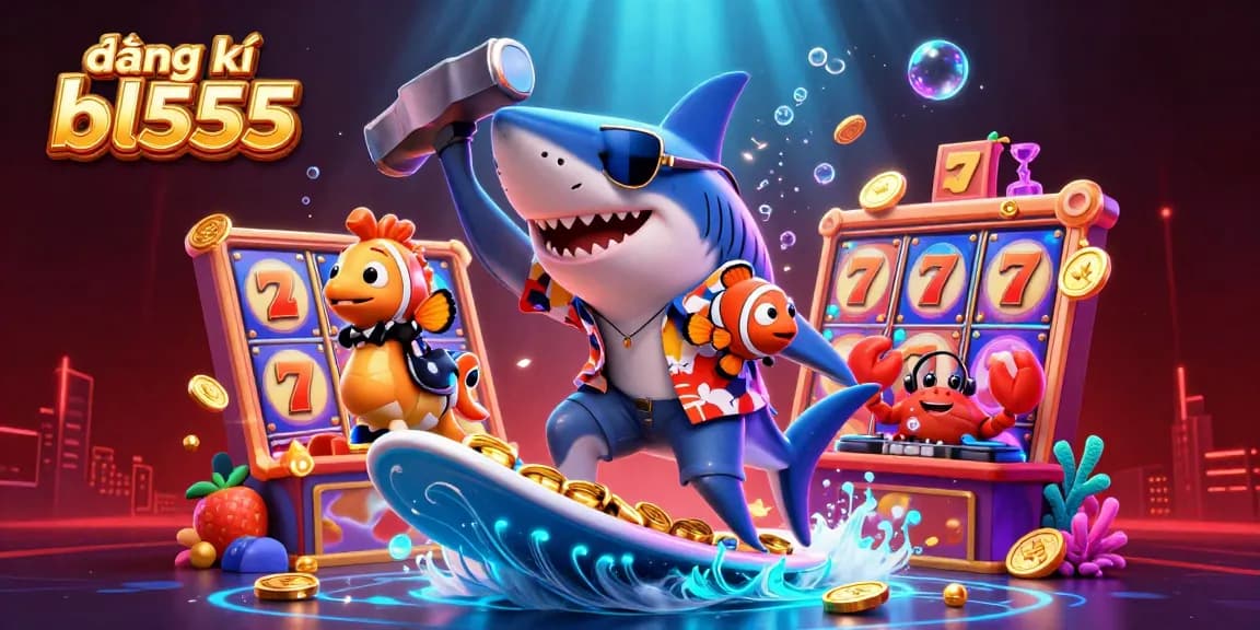 Engage with the vibrant world of đăng kí bl555 as an animated shark surfs on gold coins amidst slot machines and fun casino elements.