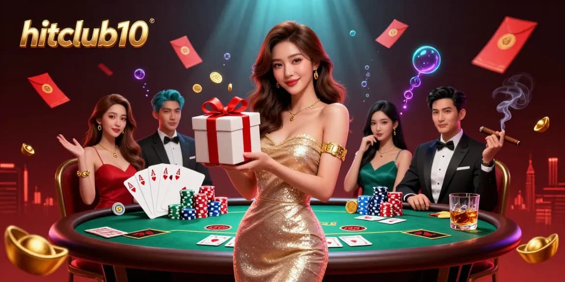 Engaging scene from hitclub10 with an Asian woman presenting a gift box of coins above a busy poker table.