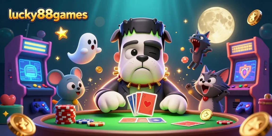 Experience exciting gameplay with lucky88games featuring a quirky Frankenstein bulldog dealer and a ghostly mouse.
