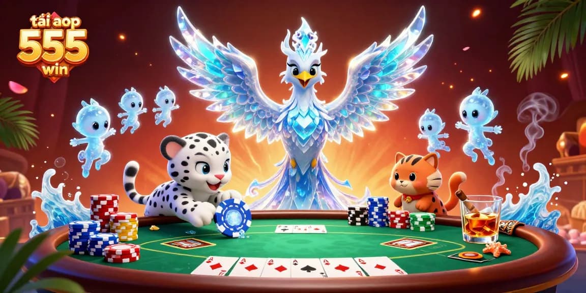 Engage in gambling excitement with tải app 555win, showcasing an ice phoenix and poker elements.