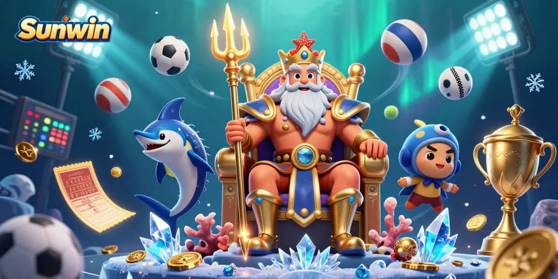 Engage with Sunwin as Neptune presides over a dynamic underwater casino, adorned with vibrant sports elements.