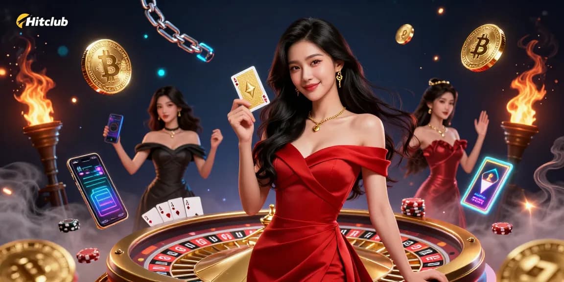 Experience the thrill at Hitclub with a stunning scene of a casino featuring glamorous characters, golden cards, and vibrant crypto elements.