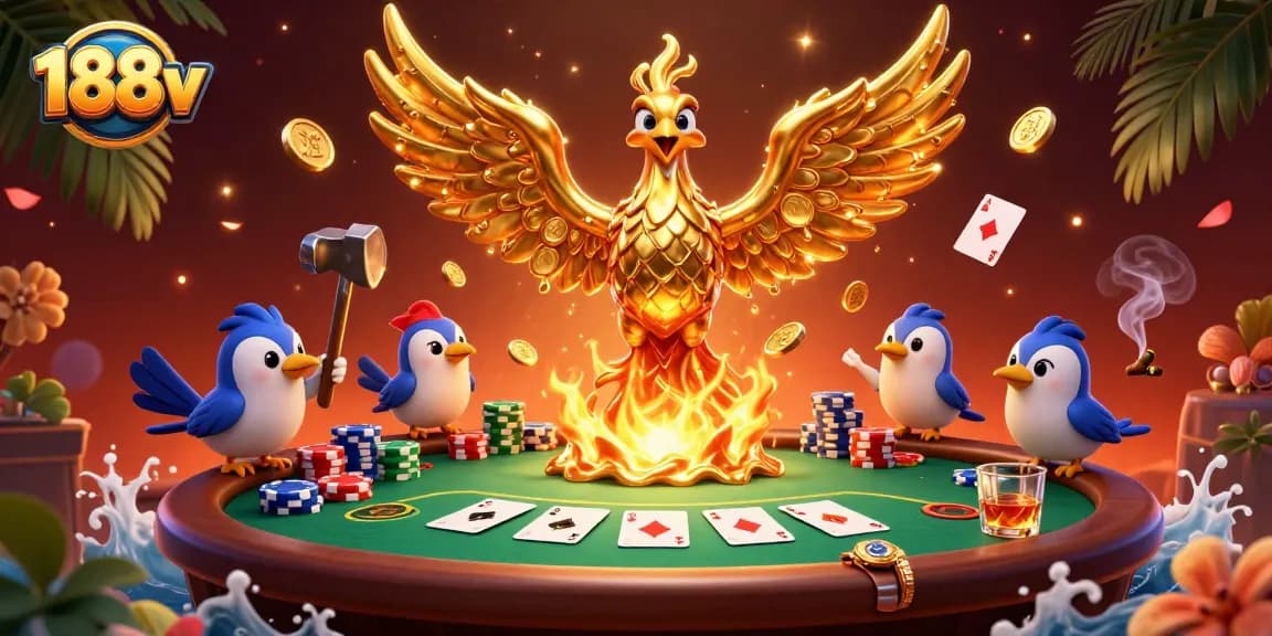 Engage with thrilling poker action at 188v, featuring a golden phoenix and dynamic casino elements.