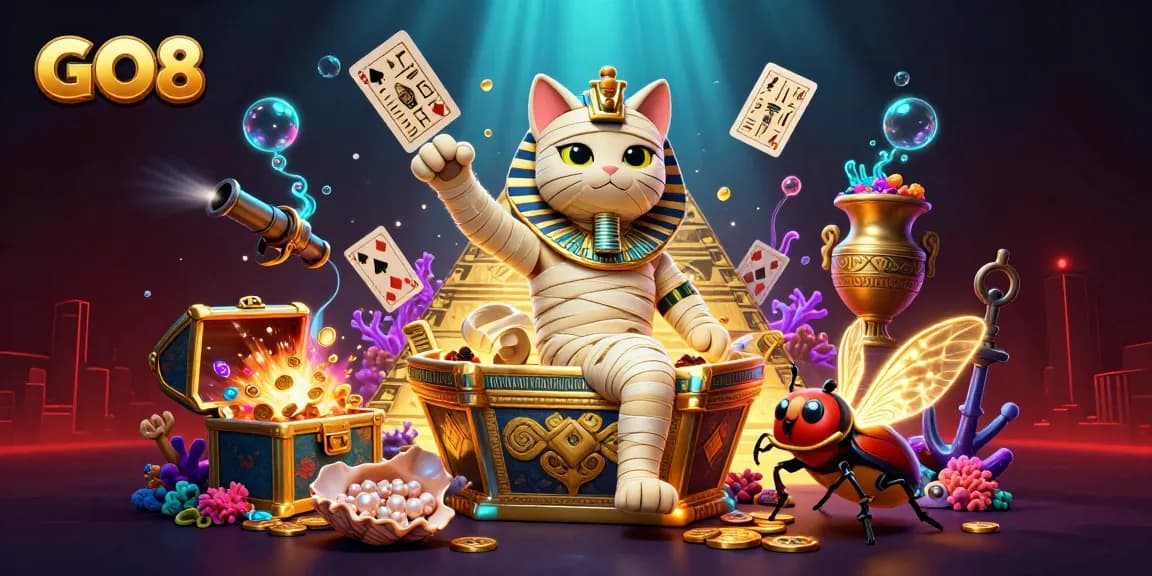 Win big at GO8 with an exciting 3D illustration of gambling adventures featuring slots, treasures, and characters.