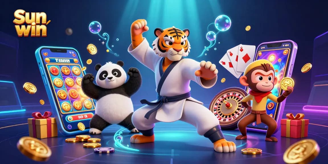 Experience the excitement of Sun win with fun characters and dynamic slots gameplay in this vibrant casino illustration.