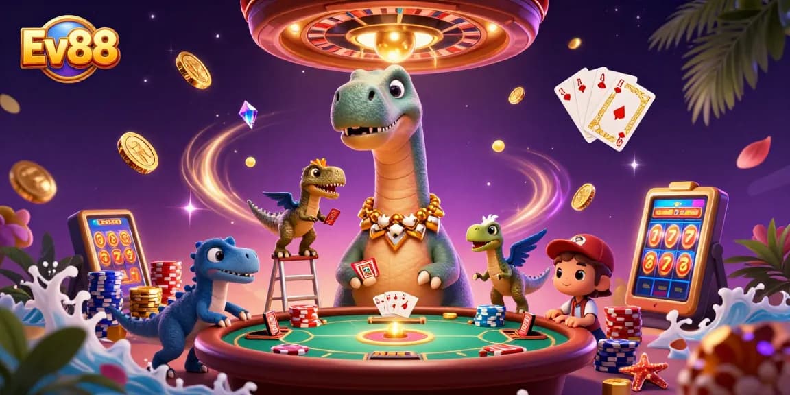 Experience thrilling gameplay at Ev88 with a brontosaurus dealer in a vibrant casino scene.