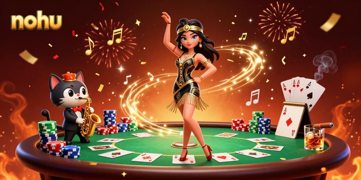 Nohu-themed casino scene featuring a playful cat and a dancing woman amidst poker chips and cards.