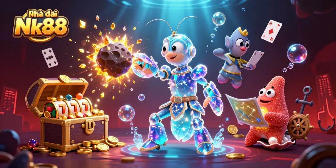 Engaging Nhà cái Nk88 themed illustration featuring a galactic samurai shrimp amid exploding slot elements and treasure.