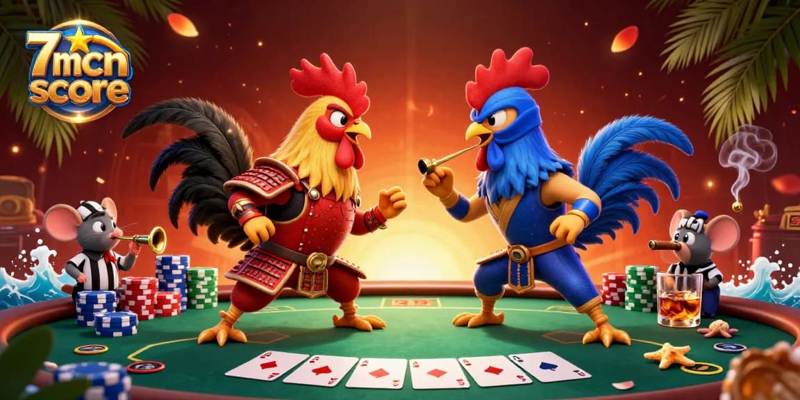 Engage in thrilling action with 7mcnscore as fighting roosters showcase poker elements in a vibrant gambling scene.