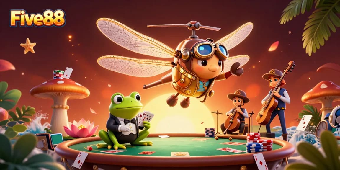 Engage in immersive Five88 gaming with a vibrant casino scene featuring colorful dragons and card-dealing frogs.