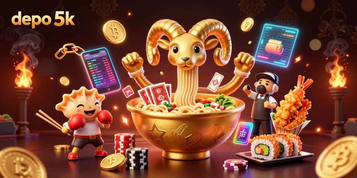 Bet on depo 5k with a vibrant cartoon scene of a golden ramen bowl dealer in a lively casino atmosphere.