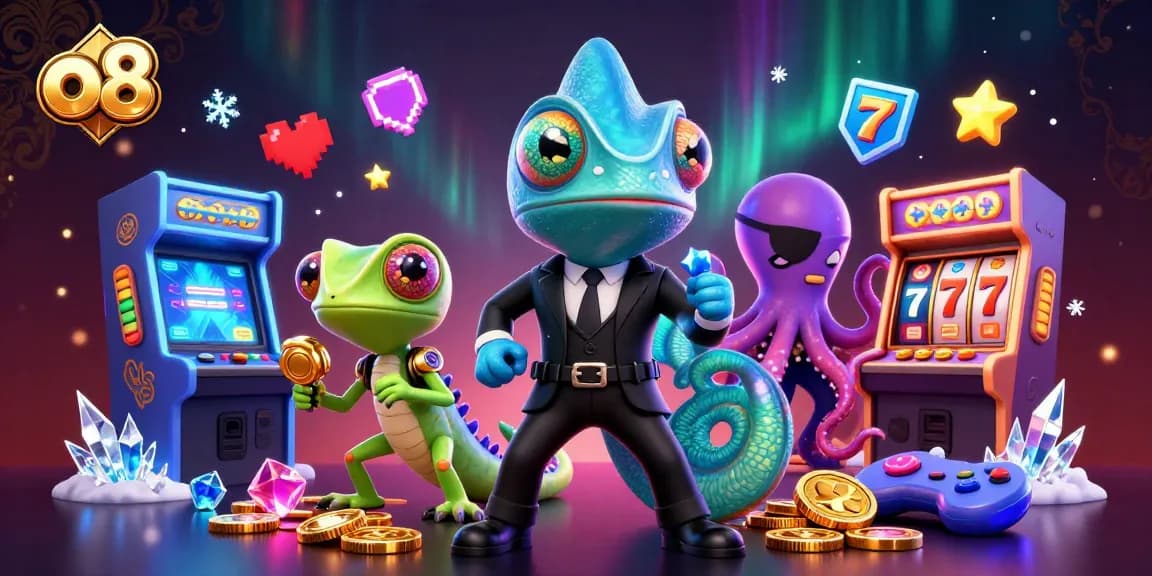 Experience gaming excitement with o8's vibrant casino scene featuring colorful characters and dynamic elements.