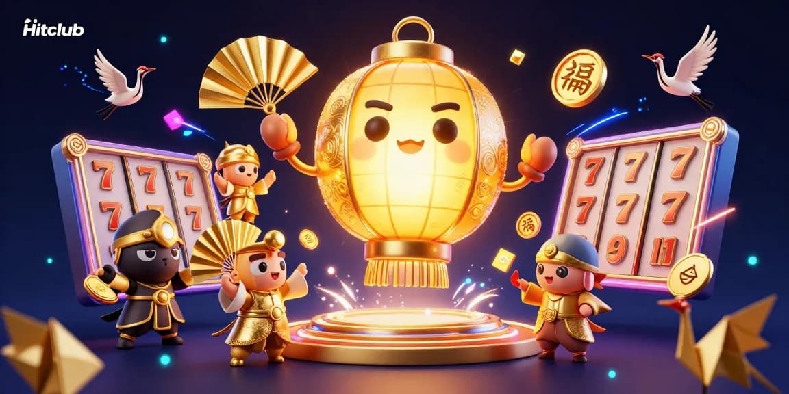Hitclub players enjoy dynamic online casino slots in a vibrant 3D gaming world with glowing lantern spirit and lucky symbols.