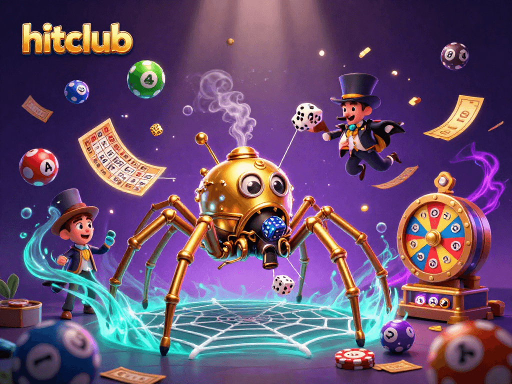 Engage with hitclub's dynamic games featuring a golden steampunk spider among colorful lottery elements.