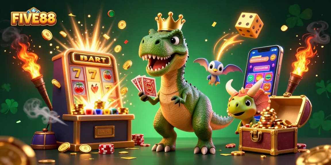 Experience the thrill of FIVE88 with T-Rex and friends in a dynamic casino scene full of cards and chips.