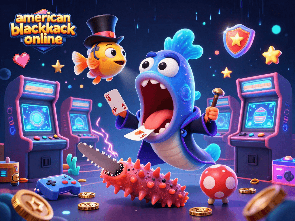 Experience exciting gameplay in american blackjack online with bioluminescent characters and casino elements.