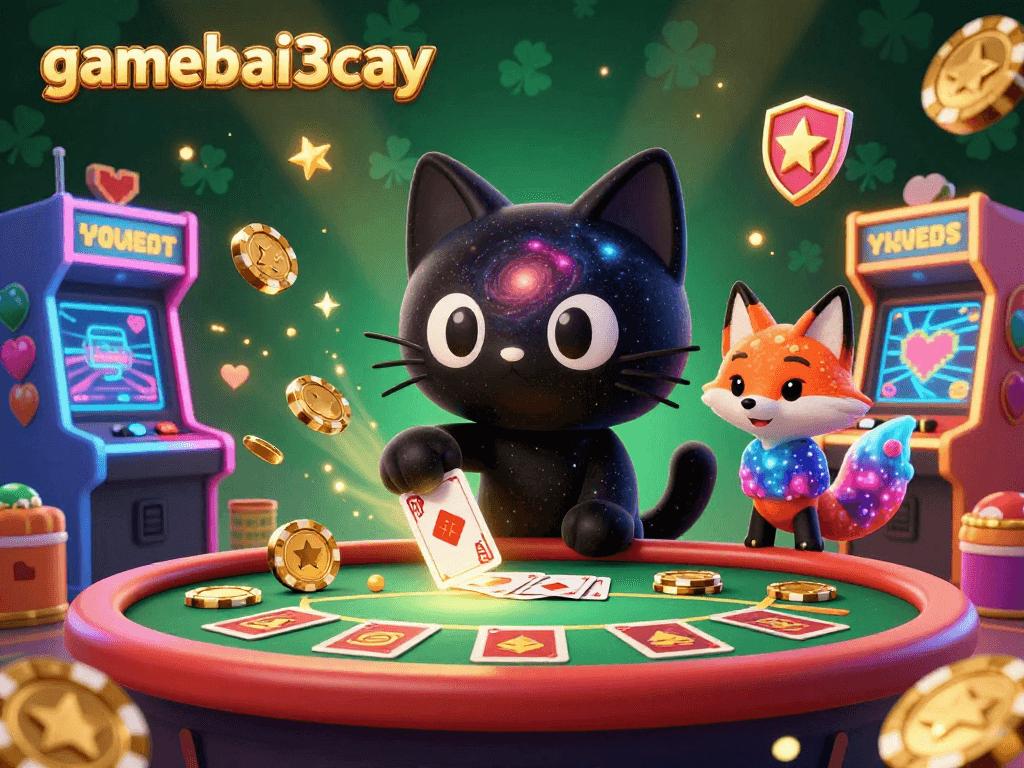 Engage with gamebai3cay's dazzling cosmic casino experience featuring vibrant 3D characters and game elements.