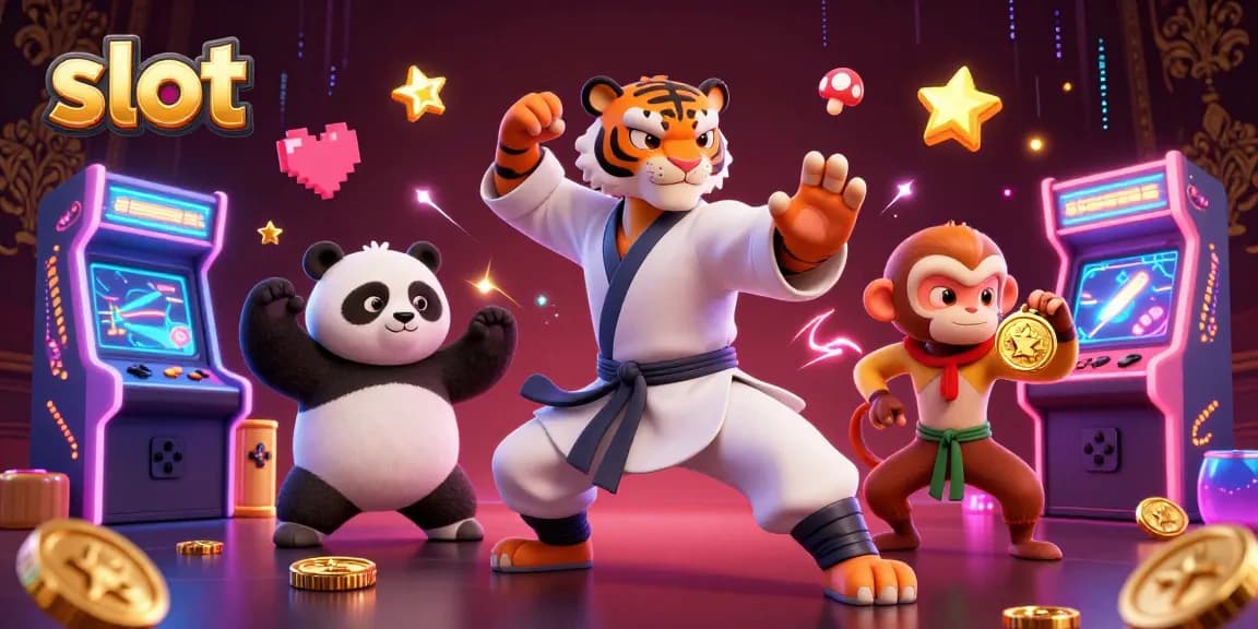 Experience the excitement of slot games with a kung fu tiger master and playful panda in a vibrant casino scene.