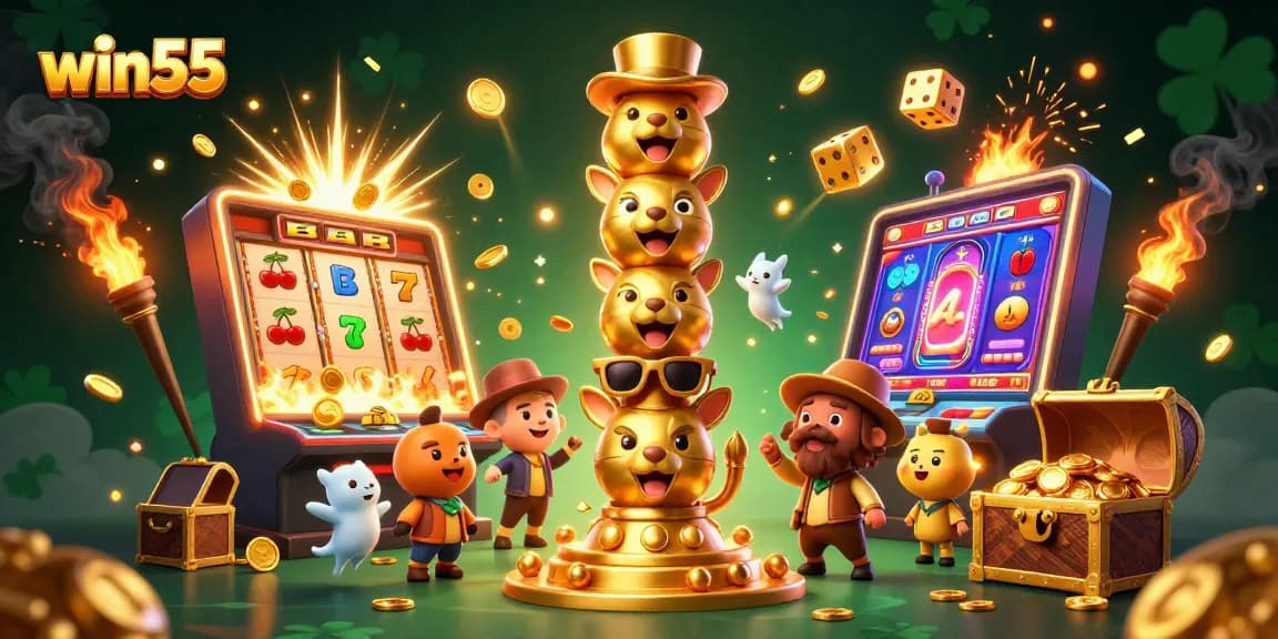 Experience thrilling wins with win55 at a vibrant casino-themed illustration featuring festive game elements.