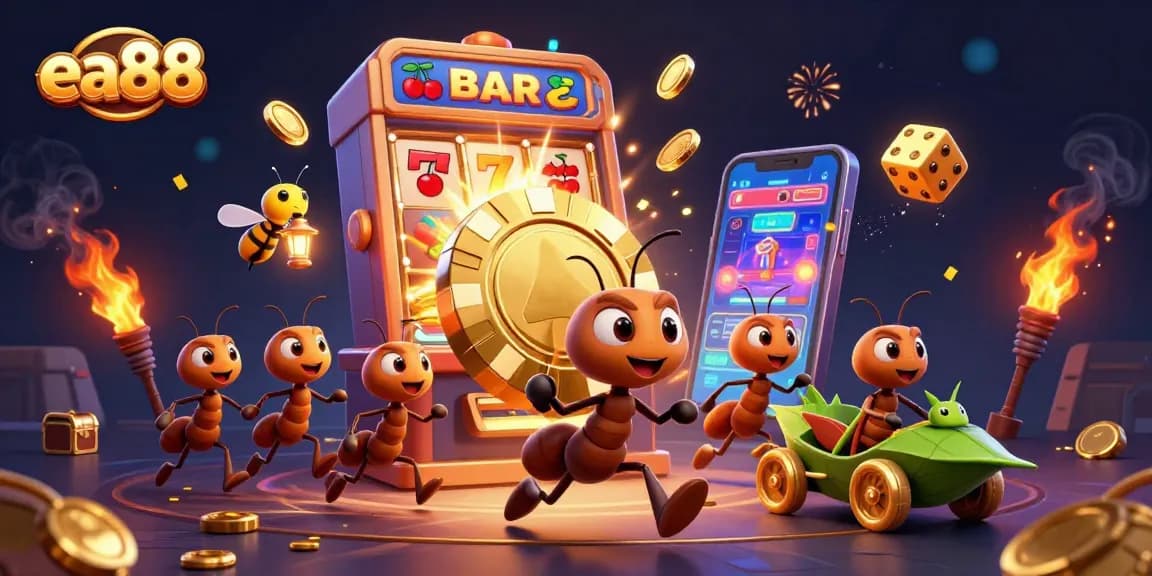 Experience the excitement of ea88 with ants heisting a poker chip surrounded by vibrant casino elements.
