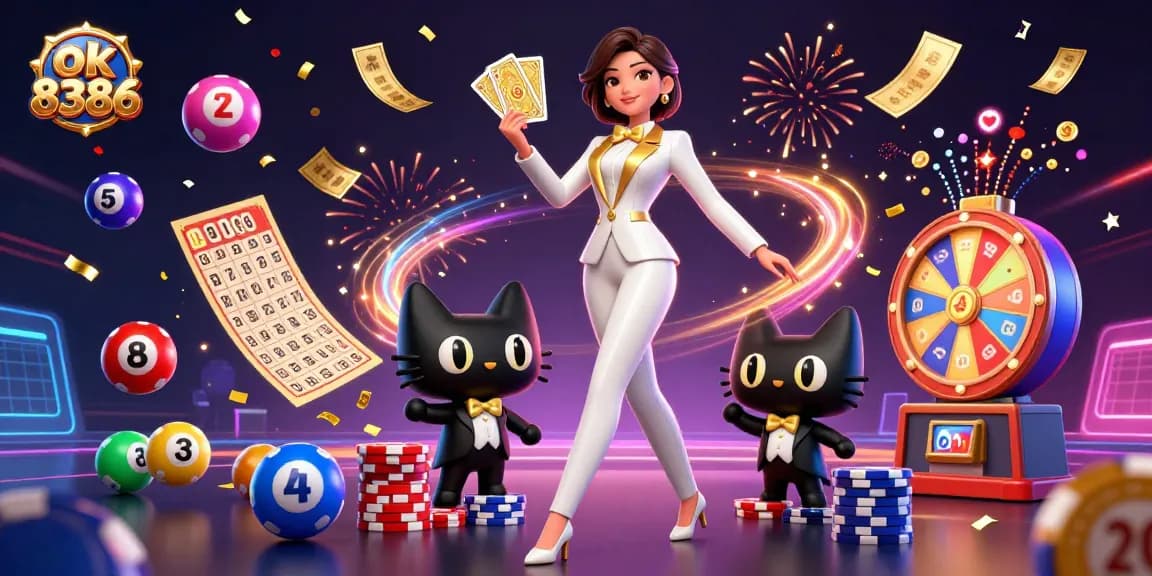 Experience thrilling action at ok 8386 with a glamorous woman shuffling cards amidst a vibrant casino scene.