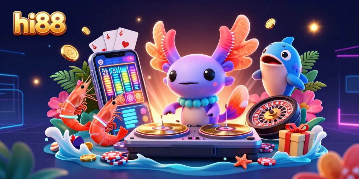 Experience the excitement at hi88 with a vibrant jungle-themed 3D casino illustration featuring dynamic characters and engaging gaming elements.