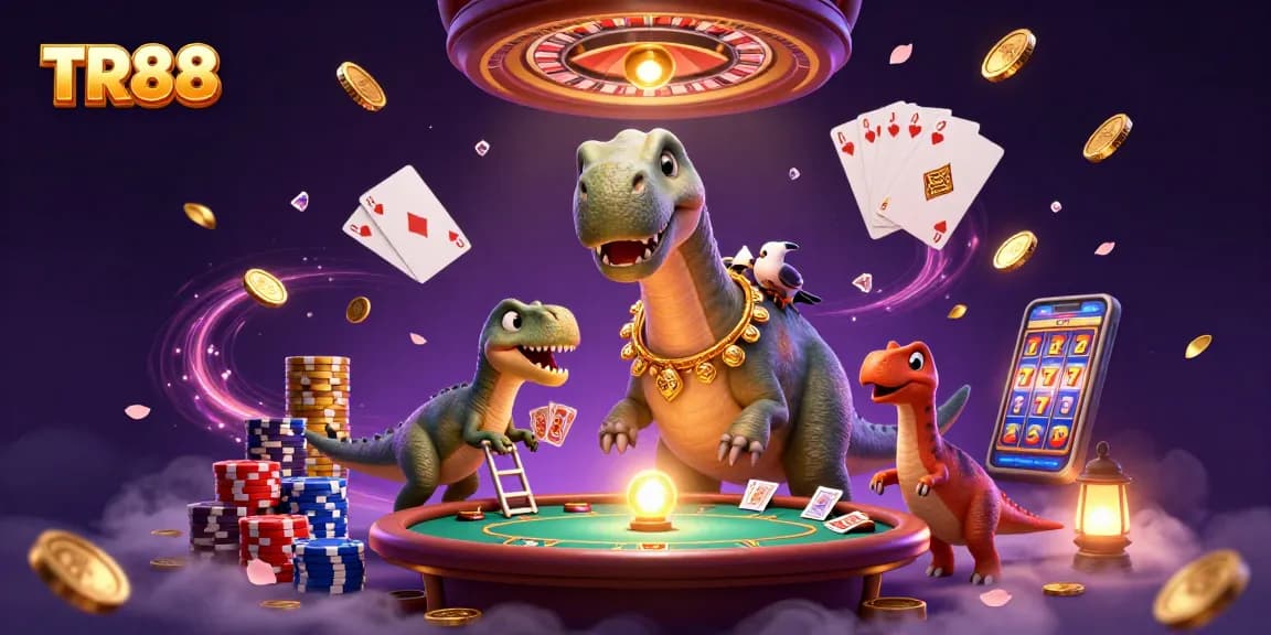 TR88 casino scene with a dinosaur dealer and dynamic gaming elements capturing excitement.