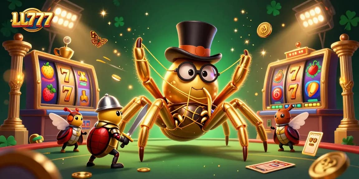 Spin to win at LL777 with a golden tarantula and unique characters in an exciting casino scene!
