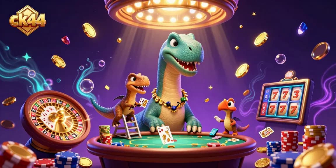 Experience exciting gaming at ck44 with a dynamic 3D scene featuring vibrant casino elements and characters.